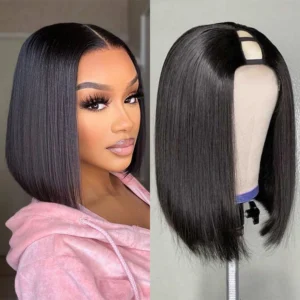 Quick Easy U Part Bob Wig Full Machine Made Wig Human Hair Remy Peruvian Hair 200% Density Straight Wigs With Clips No Closures