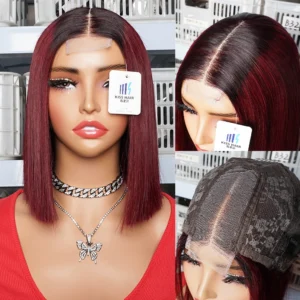 300% Bone Straight Short Bob Wig T1B/99J Ombre Color 2*4 Lace Closure Wig Double Drawn Vietnamese Human Hair Middle Part Wigs