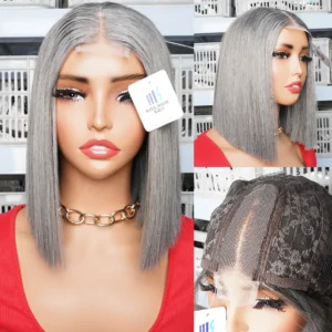 Bone Straight Human Hair Wigs Silver Grey Color 2*4 Lace Closure Wig 15A Double Drawn Vietnamese Human Hair Middle Part Wigs