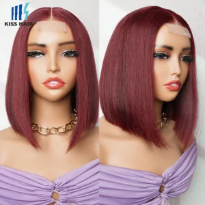 350% #99J 2*6 Lace Glueless Wigs 10inch Short Bob Wig Middle Part 15A Super Double Drawn Bone Straight Vietnamese Human Hair