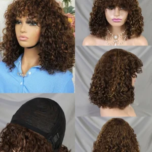 250% Density 12inch Water Wave Guleless Wig Human Hair Ready to Wear Wavy Remy Indian Hair Non-lace Bob Wig With Bangs