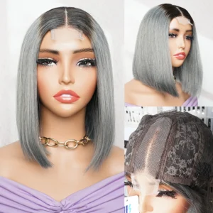 1B/Grey Bone Straight Short Bob Wig 2*4 Lace Wig Middle Part Closure Wigs 15A Super Double Drawn Human Hair Extension 300%