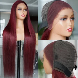 #99J Colored Human Hair Wig 13*4 Lace Frontal Wigs Transparent Pre Plucked 4*4 Lace Wig Red Burgundy Wigs Straight 10 to 32inch