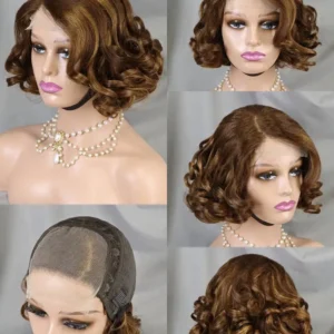 250% Density Loose Wave Guleless Bob Wig 4*4 Lace Closure Wigs Colored Highlight Indian Human Hair Side Part Wigs Bouncy Curly