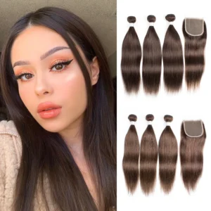 #2 #4 Colored Human Hair Bundles With Closure Bone Straight Dark Brown Remy Brazilian Hair Wefts 4*4 lace closure Transparent