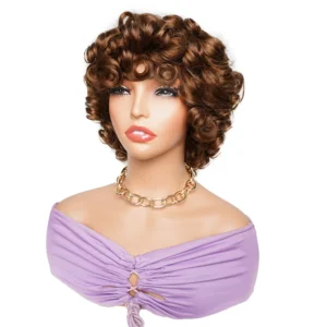 Dark Brown 250% Loose wave Full Machine Made Wigs With Bangs Remy Indian Human Hair Wig Short Bob Wig 10 Inch Color #4 KissHair