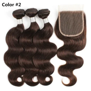 Color #2 #4 Dark Brown 3 Bundles with 4*4 Lace Closure Colored Remy Brazilian Human Hair Extension 300Gram/Lot For One Head