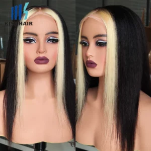Highlight #613 Skunk Strip Human Hair Wigs Black & Blonde 13*4 Lace Frontal Wig Middle Part Colored Wig Straight Bleached 1B/613