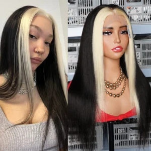 Blonde & Black #613 Skunk Stripe Human Hair Wig Highlight Bleach Blonde Remy Brazilian Human Hair Wigs 13x4 Lace Frontal Wigs